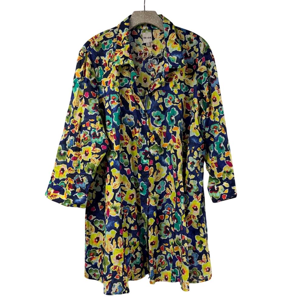 Nic + Zoe Plus Bold Blossoms Floral Print Shirt Colorful 1X Top Blouse